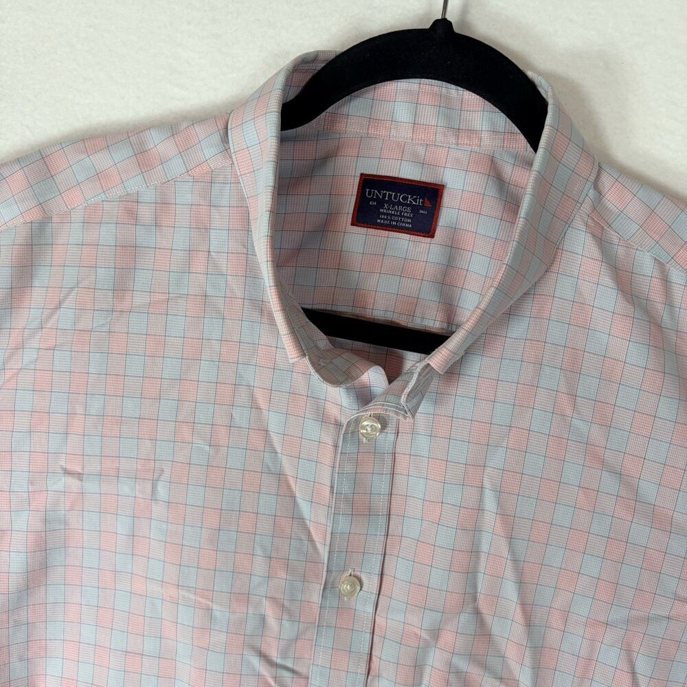 UNTUCKit Mens XL Pink Blue Tattersall Plaid Wrinkle Free Button Down Shirt